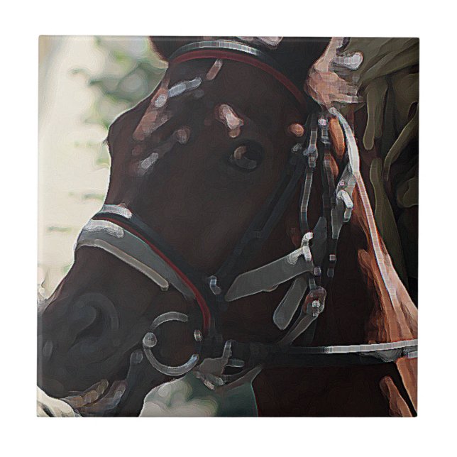 Stylized Brown Horse Smiling Head Sketch Ceramic Tile (Front)