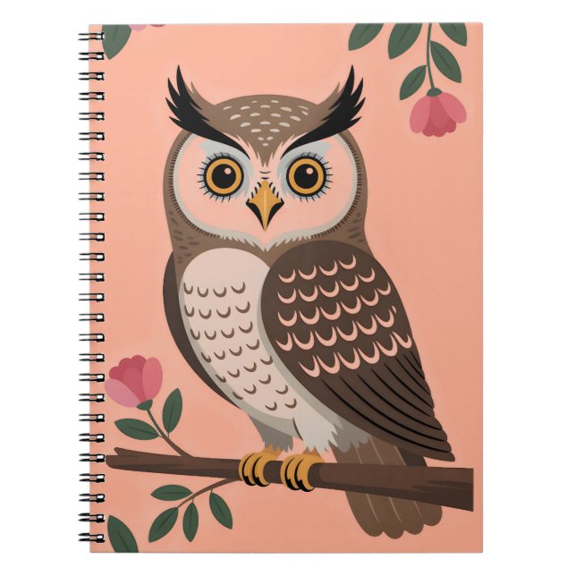Stylized Brown Owl on Branch with Pink Flowers Notebook (Front)