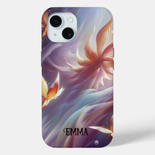 Stylized Butterflies and Flower Custom Name iPhone 15 Case