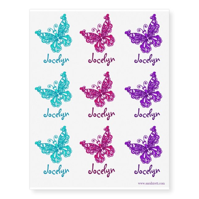 Stylized butterflies personalized name art temporary tattoos (Front)