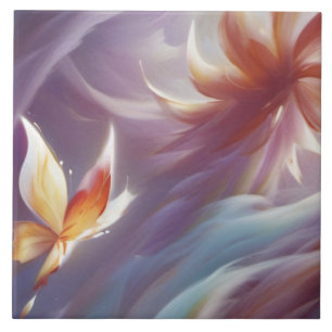 Stylized Butterfly and Flower Ceramic Tile