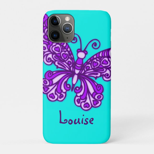 Stylized butterfly aqua purple custom name Case-Mate iPhone case (Back)