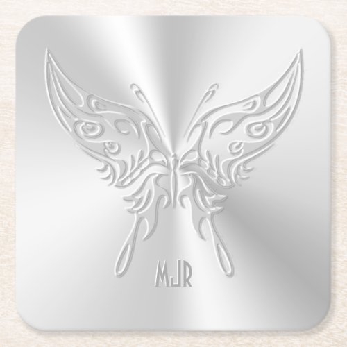 Stylized Butterfly Round Tail Embossed_effect Square Paper Coaster