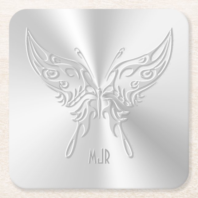 Stylized Butterfly Round Tail, Embossed-effect Square Paper Coaster (Front)