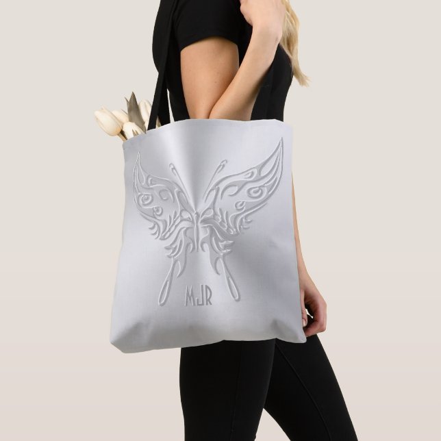 Stylized Butterfly Round Tail, Embossed-effect Tote Bag (Close Up)