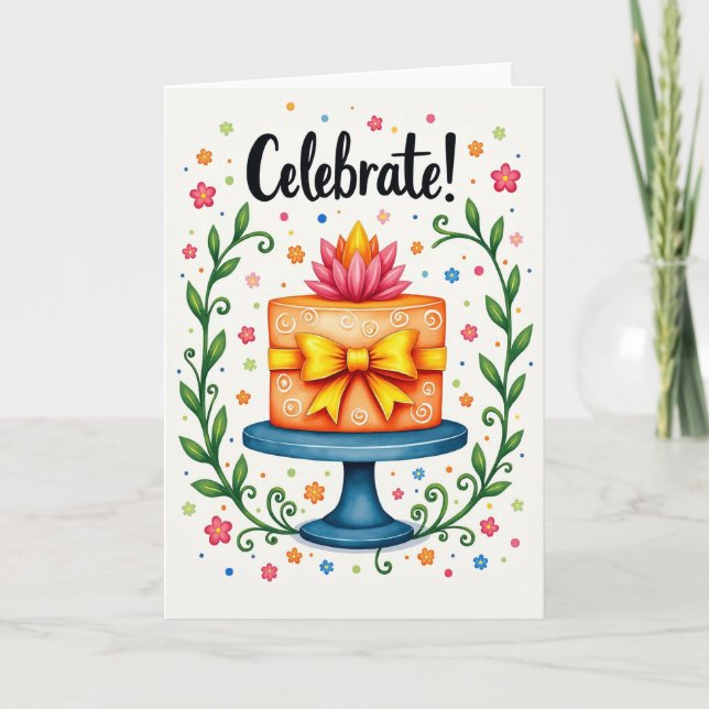 Stylized Cake Joyful Birthday Card (Front)