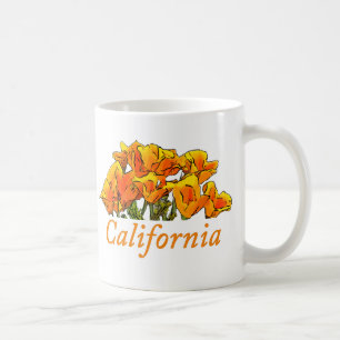 Stylized California Poppy Art, "California" text Coffee Mug