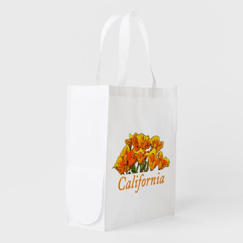 Stylized California Poppy Art, "California" text Grocery Bag