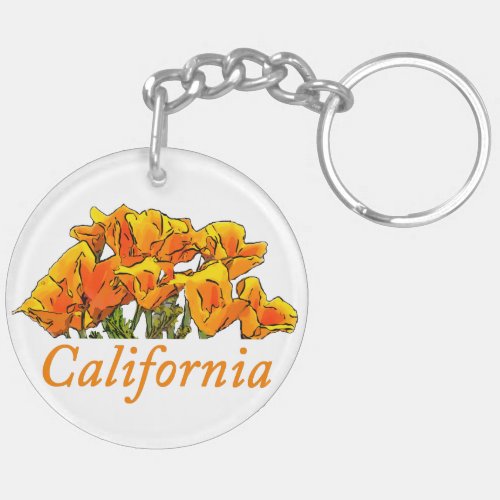 Stylized California Poppy Art, "California" text Keychain