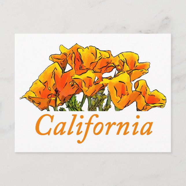 Stylized California Poppy Art, "California" text Postcard (Front)