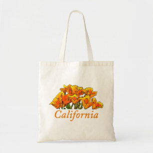 Stylized California Poppy Art, "California" text Tote Bag