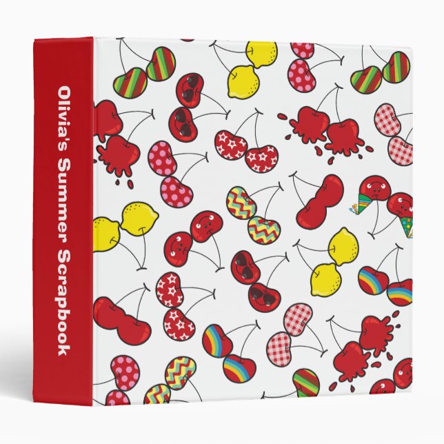 Stylized Cartoon Funny Cheeky Red Cherries Pattern 3 Ring Binder (Front/Spine)