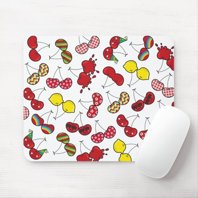 Stylized Cartoon Funny Cheeky Red Cherries Pattern Mouse Pad (With Mouse)