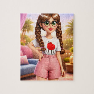 Stylized Cartoon Girl with Braids and Glasses i Jigsaw Puzzle
