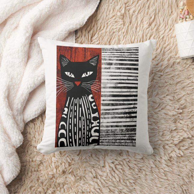 Stylized Cat block print Throw Pillow (Blanket)
