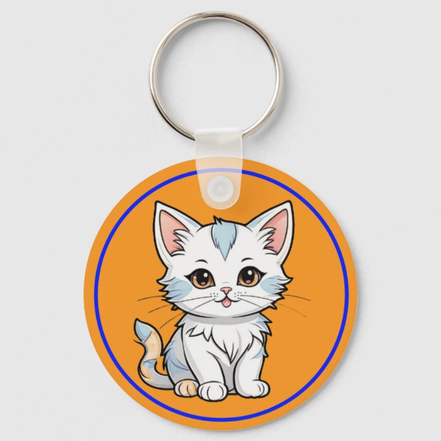 Stylized Cat Cartoon Line Art Design-52316 Keychain (Front)