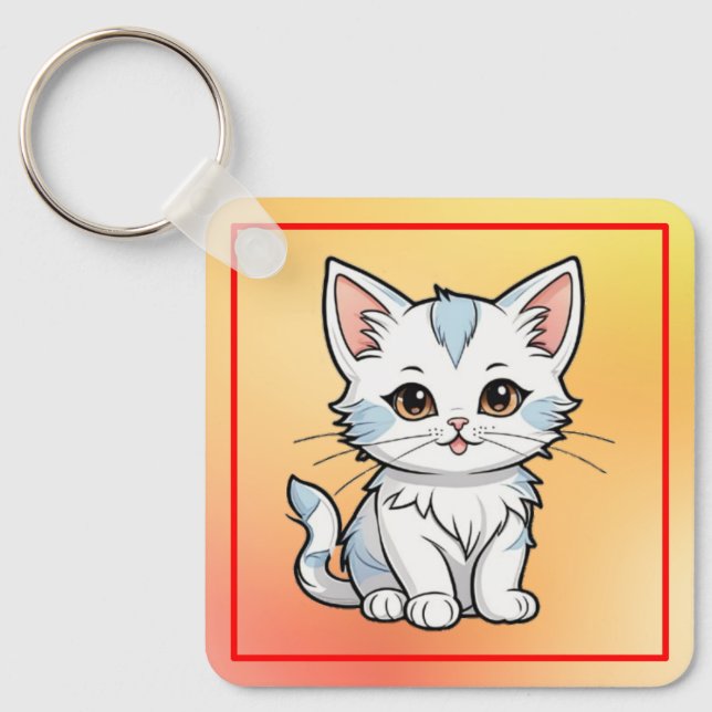 Stylized Cat Cartoon Line Art Design-52316 Keychain (Front)