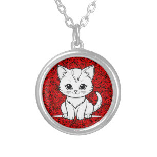 Stylized Cat Kitten Line Art Design-52315 Silver Plated Necklace