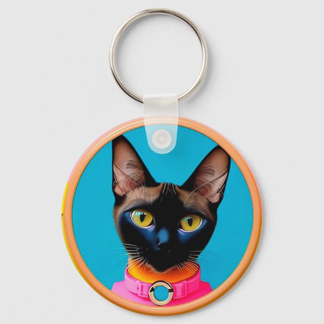 Stylized Cat Portrait With Bold Colors Keychain (Front)