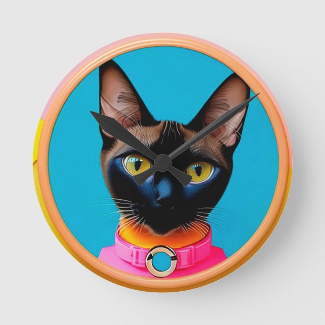 Stylized Cat Portrait With Bold Colors Round Clock (Front)