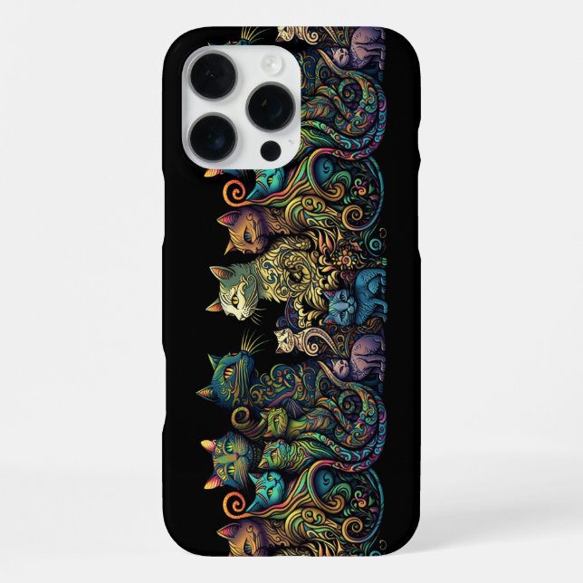 Stylized Cat Tribe Colors on Black Frieze iPhone Case (Back)