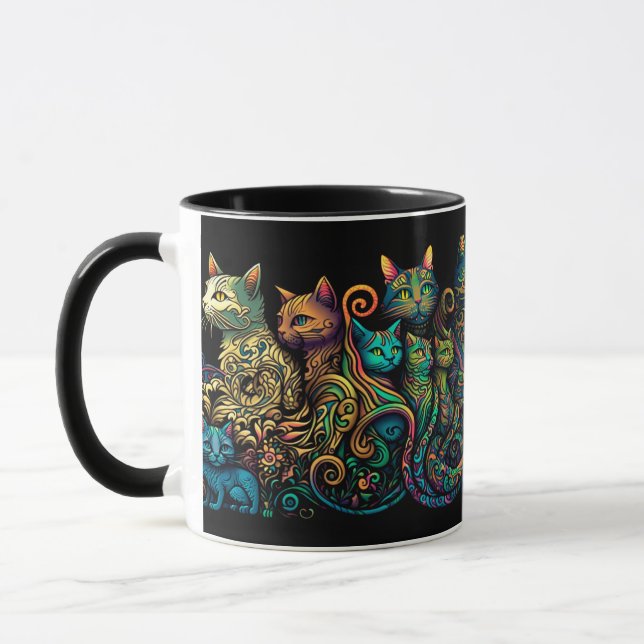 Stylized Cat Tribe Colors on Black Frieze Mug (Left)