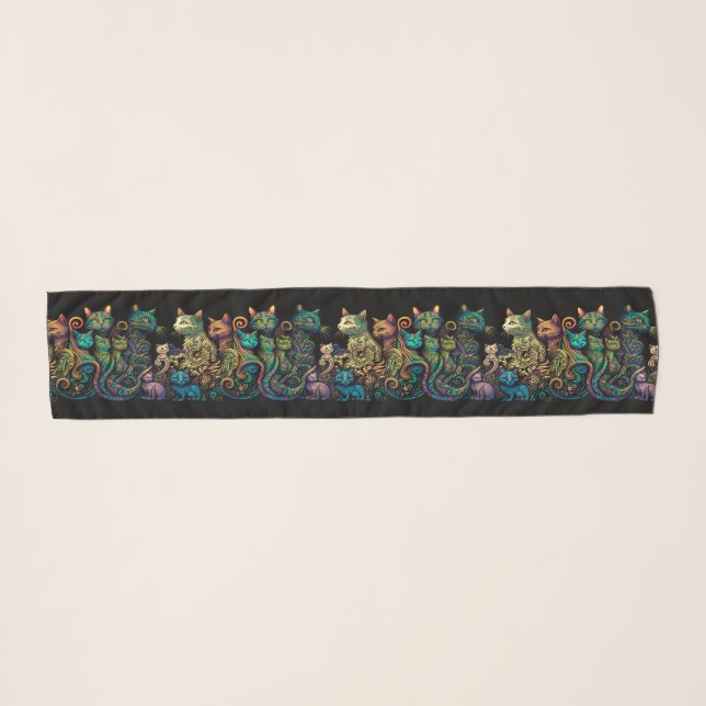Stylized Cat Tribe Colors on Black Frieze Scarf (Front (Horizontal))