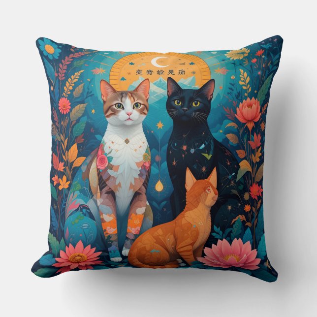Stylized Cats Geometric Abstract Scene 🐱 Throw Pillow (Front)