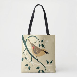 Stylized Cedar Waxwing Design Tote Bag