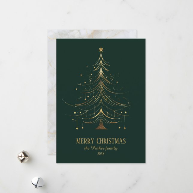 Stylized Christmas Tree in Gold on Dark Background Holiday Card (Front/Back In Situ)
