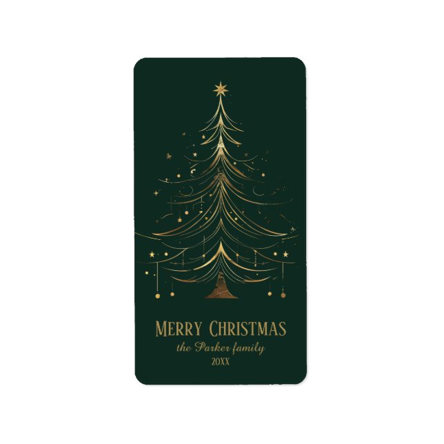 Stylized Christmas Tree in Gold on Dark Background Label (Front)