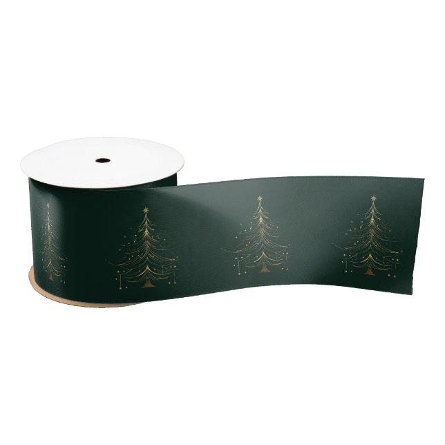Stylized Christmas Tree in Gold on Dark Background Satin Ribbon (Spool)