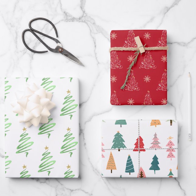 Stylized Christmas Tree Prints Wrapping Paper Sheets (Front)