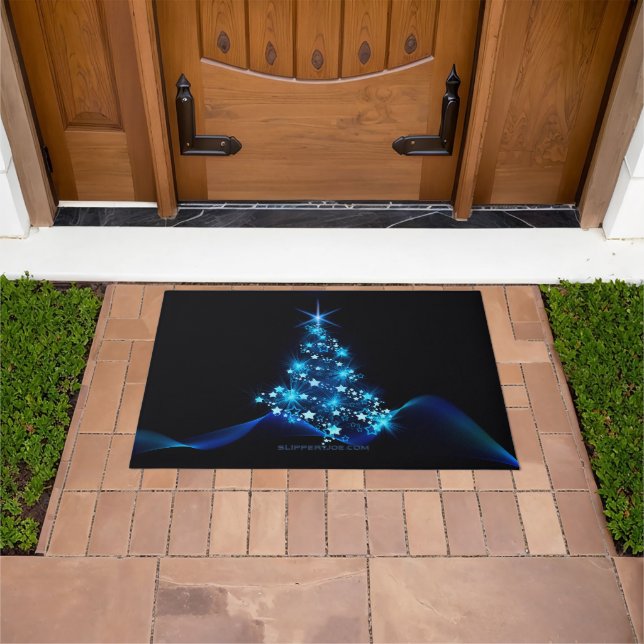 stylized Christmas tree SlipperyJoe glowing blue s Doormat (Outdoor)