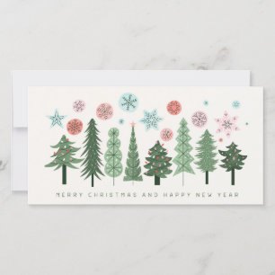 Stylized Christmas Trees and Snowflakes Holiday Card