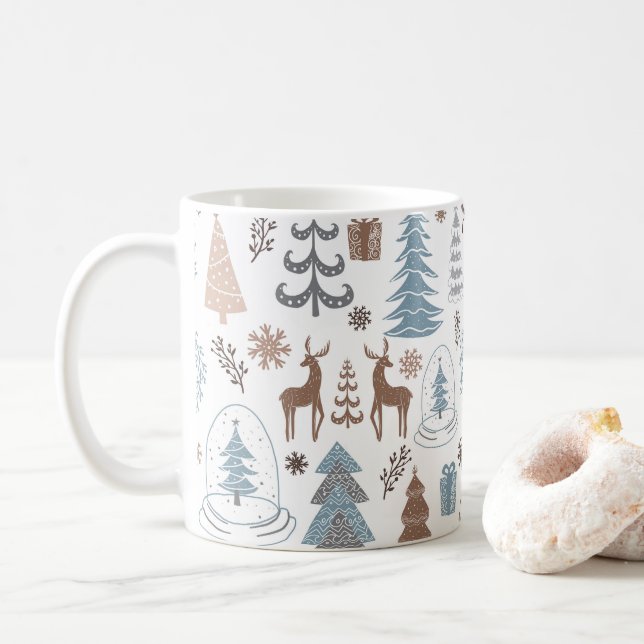 Stylized Christmas Trees Wreath Reindeer Snowflake Coffee Mug (With Donut)