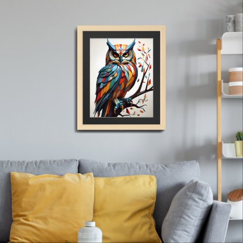 stylized  colorful  owl perched on a huge curved  framed art