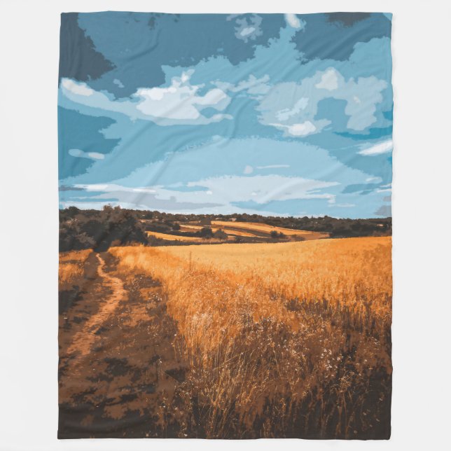 Stylized Countryside Road Golden Summer Fleece Blanket (Front)
