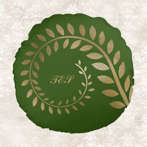Stylized Curled Spiral Fern on Gold Against Green Round Pillow
