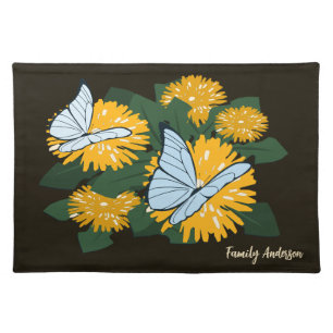 Stylized Dandelion Butterflies Custom Name Brown Cloth Placemat