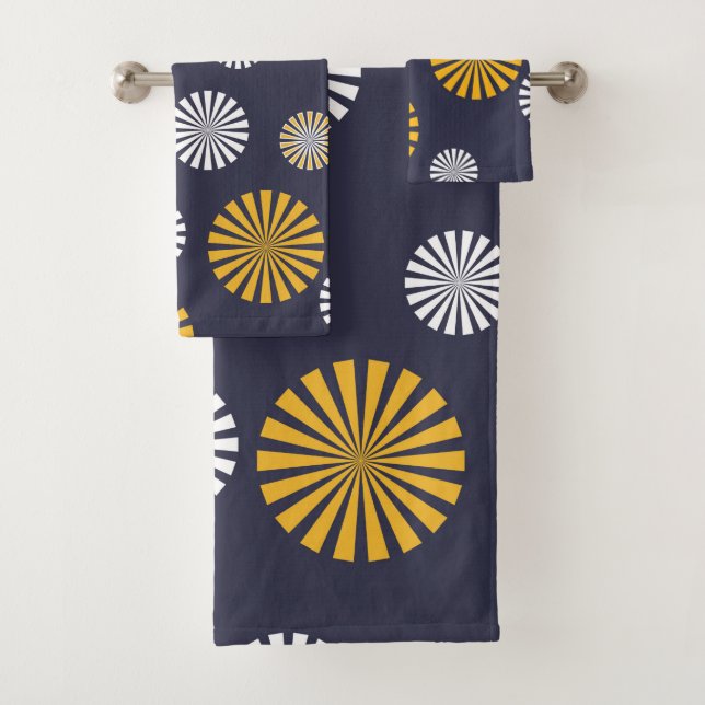 Stylized dandelions, navy blue, yellow, white bath towel set (Insitu)