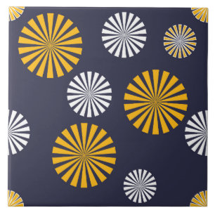 Stylized dandelions, navy blue, yellow, white ceramic tile