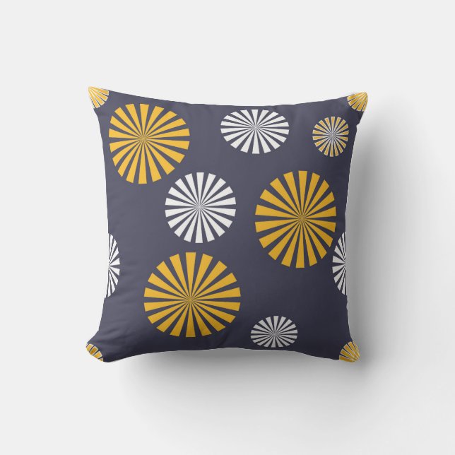 Stylized dandelions, navy blue, yellow, white outdoor pillow (Front)