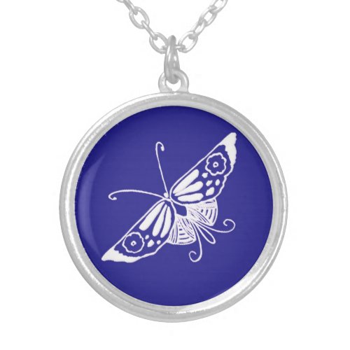 Stylized Deco butterfly  _ cobalt blue Silver Plated Necklace