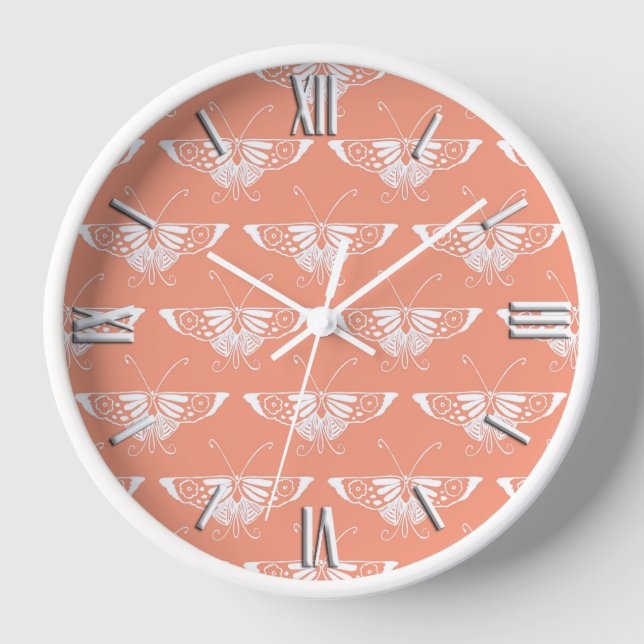 Stylized Deco butterfly  - coral orange Clock (Front)