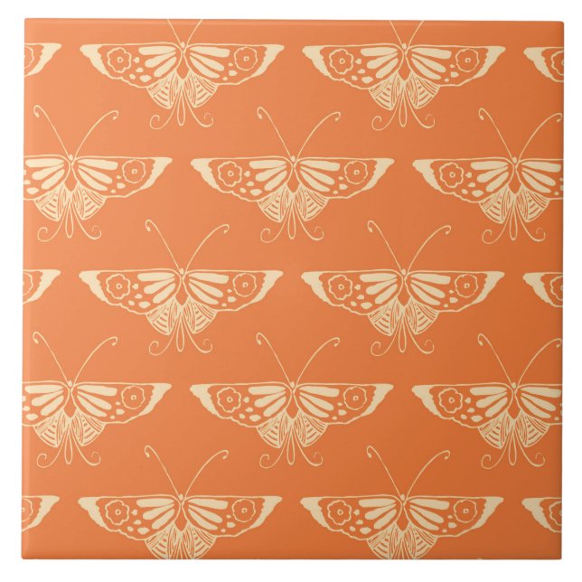 Stylized Deco butterfly  - coral orange Tile (Front)