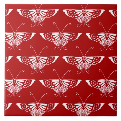 Stylized Deco butterfly  _ dark red and white Ceramic Tile