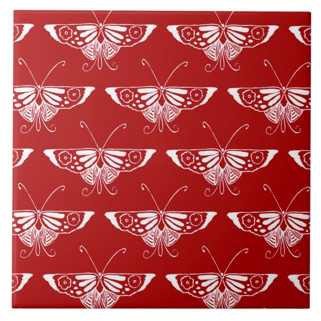 Stylized Deco butterfly  - dark red and white Ceramic Tile (Front)