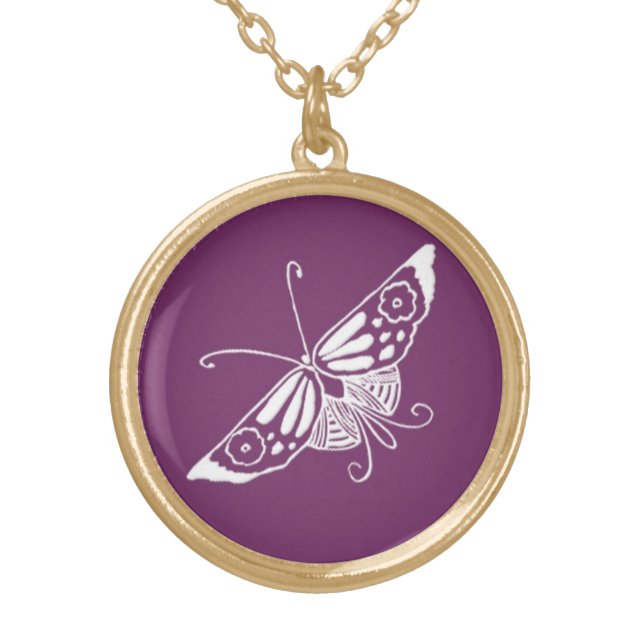 Stylized Deco butterfly  - eggplant purple Gold Plated Necklace (Front)