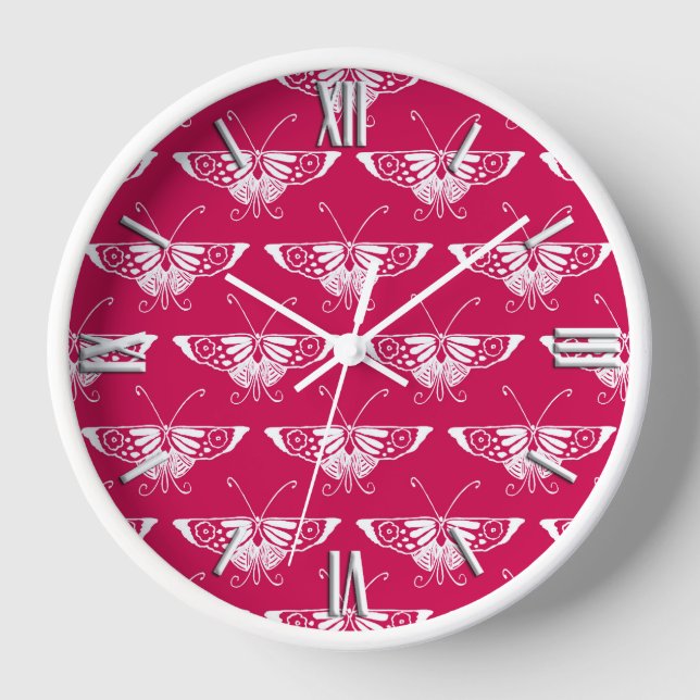 Stylized Deco butterfly  - fuchsia pink Wall Clock (Front)